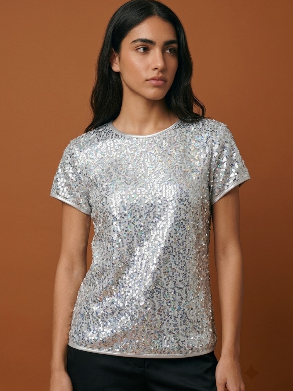 Short-Sleeve Silver Sequin Crewneck Tee